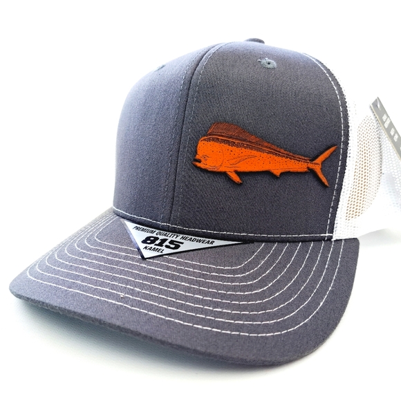 Mahi Dorado Fishing Leather Patch Trucker Mesh Snapback Black - Picture 1 of 5